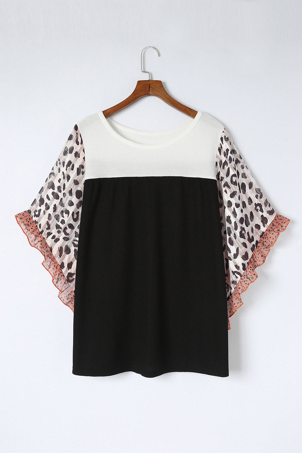 Black Rib Knit Animal Print Ruffle Sleeves Plus Size Top - Nxt Moda