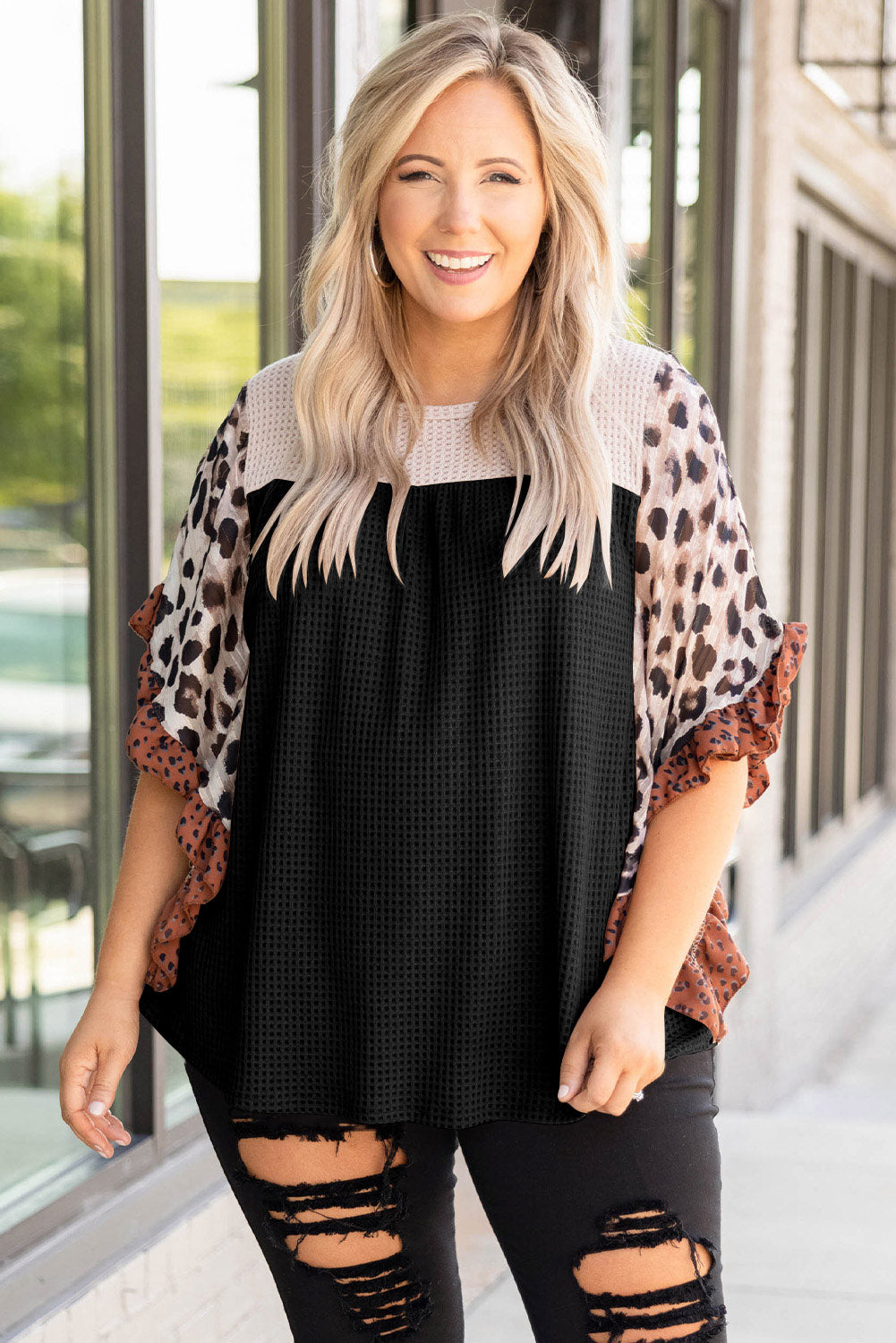 Black Rib Knit Animal Print Ruffle Sleeves Plus Size Top - Nxt Moda