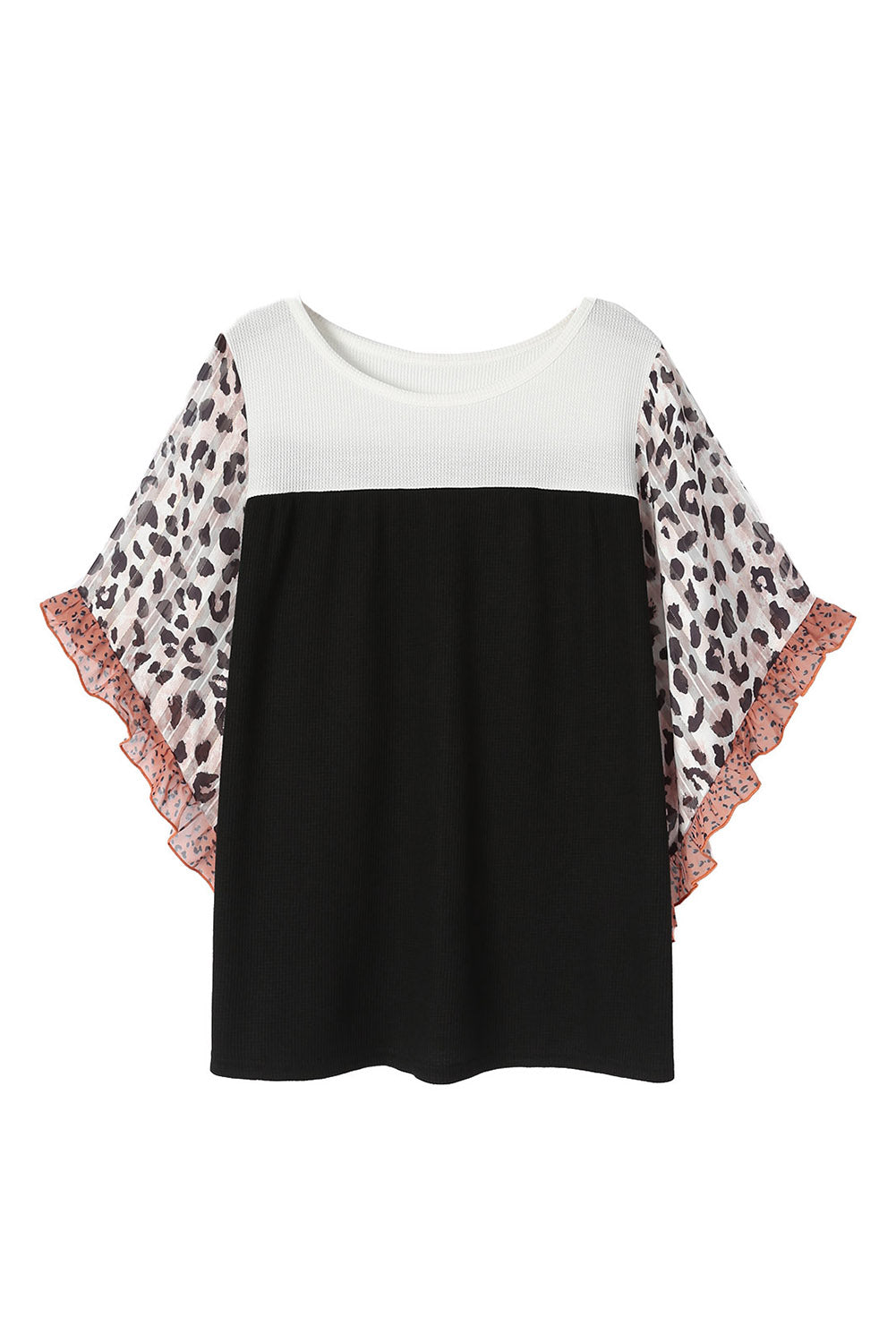 Black Rib Knit Animal Print Ruffle Sleeves Plus Size Top - Nxt Moda