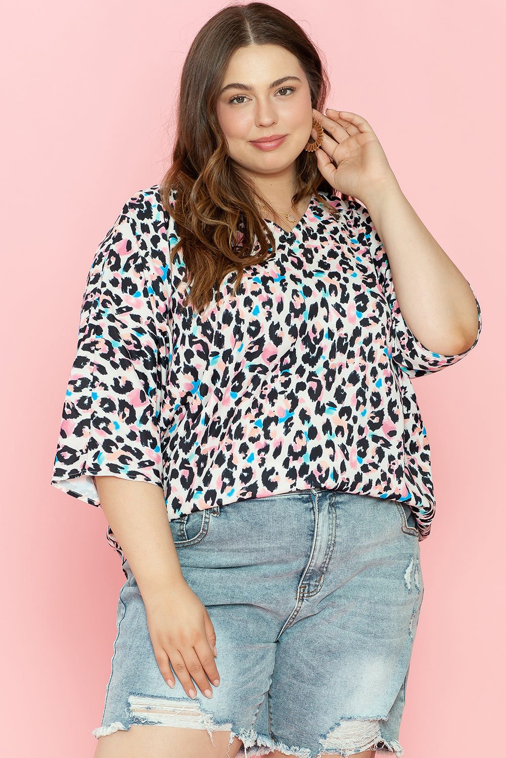 Brown Leopard Print V Neck Plus Size Batwing Top - Nxt Moda