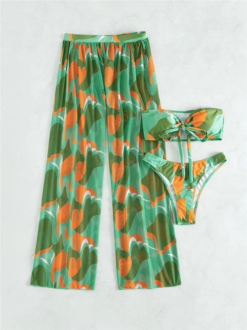 3pcs Tie Front Bandeau Triangle Beach Set - Nxt Moda