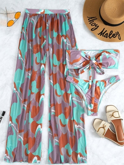 3pcs Tie Front Bandeau Triangle Beach Set - Nxt Moda