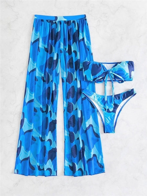 3pcs Tie Front Bandeau Triangle Beach Set - Nxt Moda