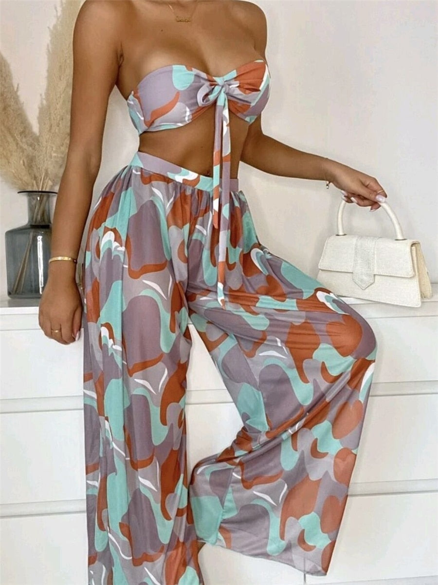 3pcs Tie Front Bandeau Triangle Beach Set - Nxt Moda
