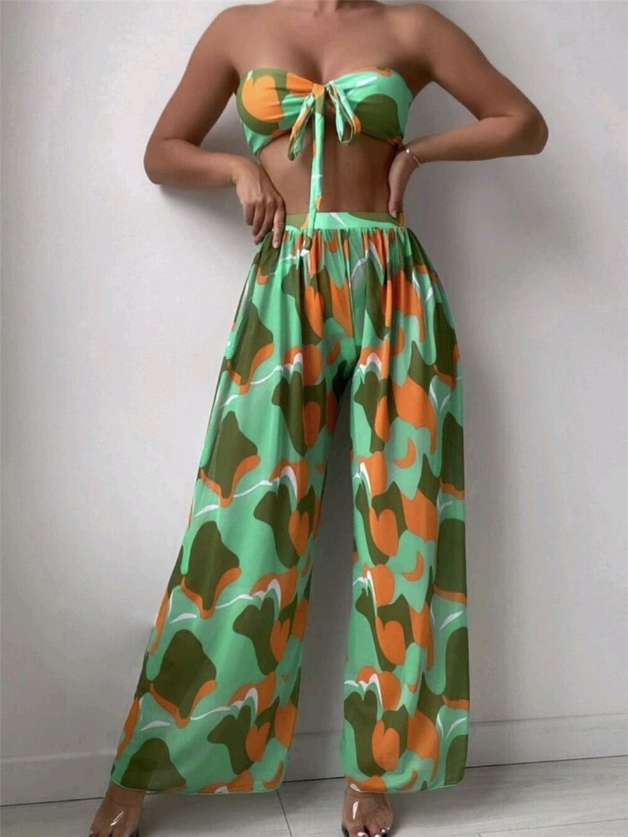 3pcs Tie Front Bandeau Triangle Beach Set - Nxt Moda