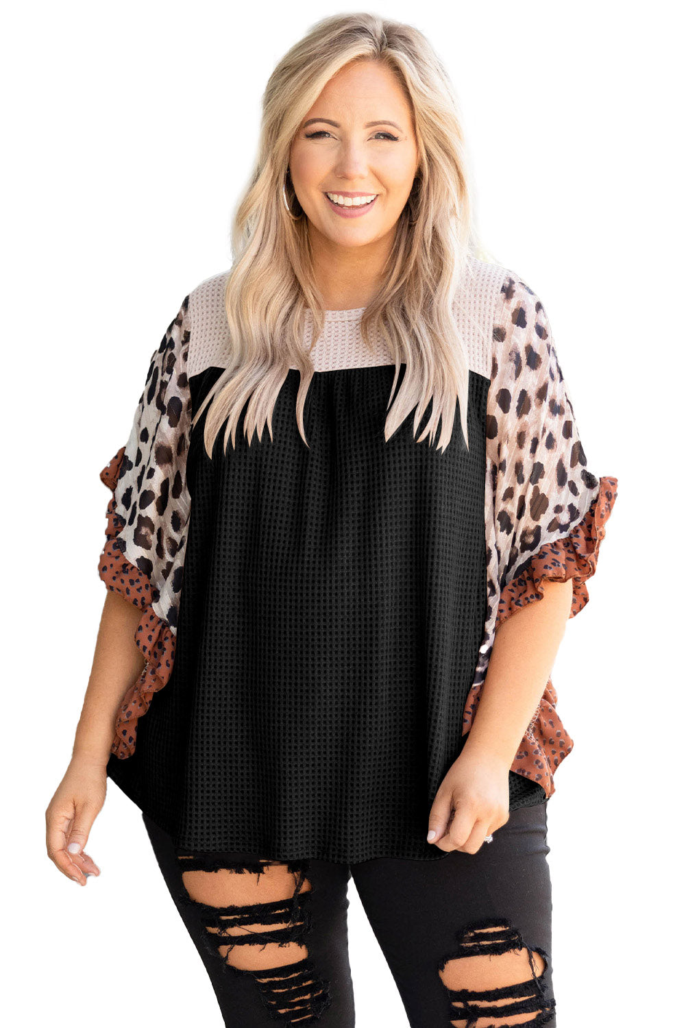 Black Rib Knit Animal Print Ruffle Sleeves Plus Size Top - Nxt Moda
