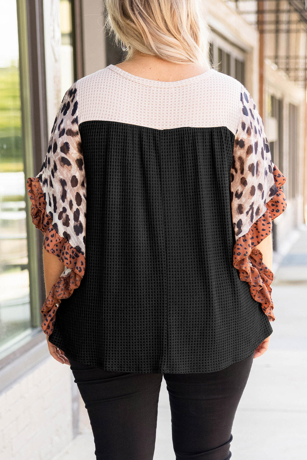 Black Rib Knit Animal Print Ruffle Sleeves Plus Size Top - Nxt Moda