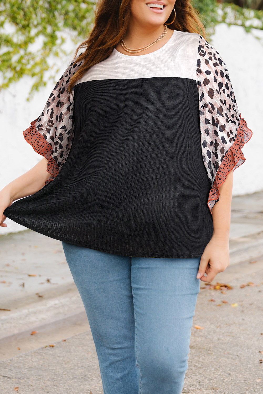 Black Rib Knit Animal Print Ruffle Sleeves Plus Size Top - Nxt Moda