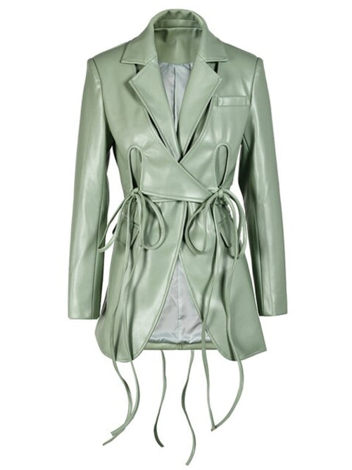 EAM Loose Fit Green Pu Leather Irregular Jacket - Nxt Moda
