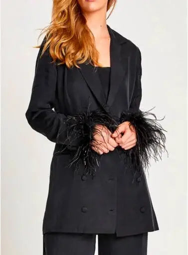 Women's Black Feather Blazer Coat with Belt Vintage Spring Jacket