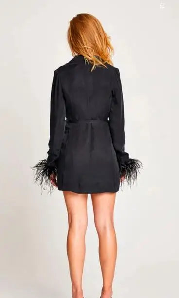 Women's Black Feather Blazer Coat with Belt Vintage Spring Jacket