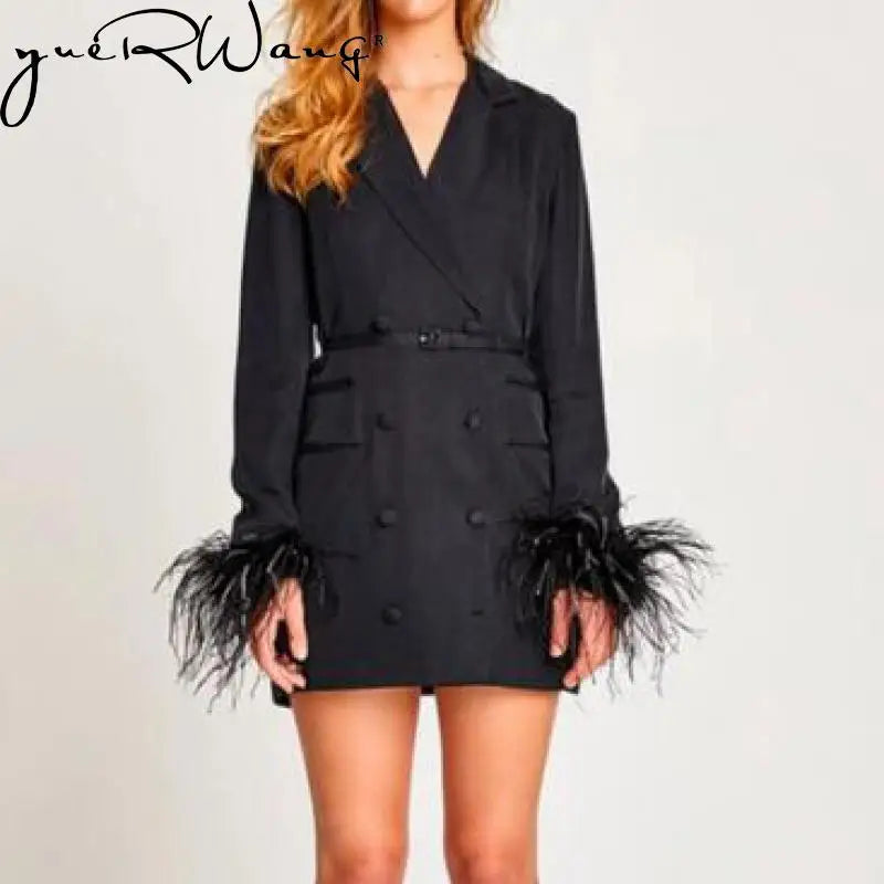 Women's Black Feather Blazer Coat with Belt Vintage Spring Jacket