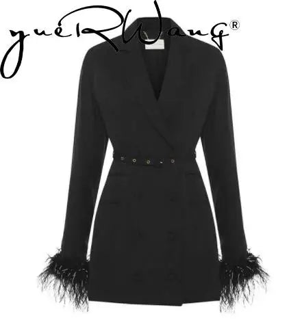 Women's Black Feather Blazer Coat with Belt Vintage Spring Jacket