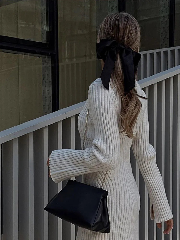 Ribbed Knit A-Line Mini Dress with Flare Sleeves