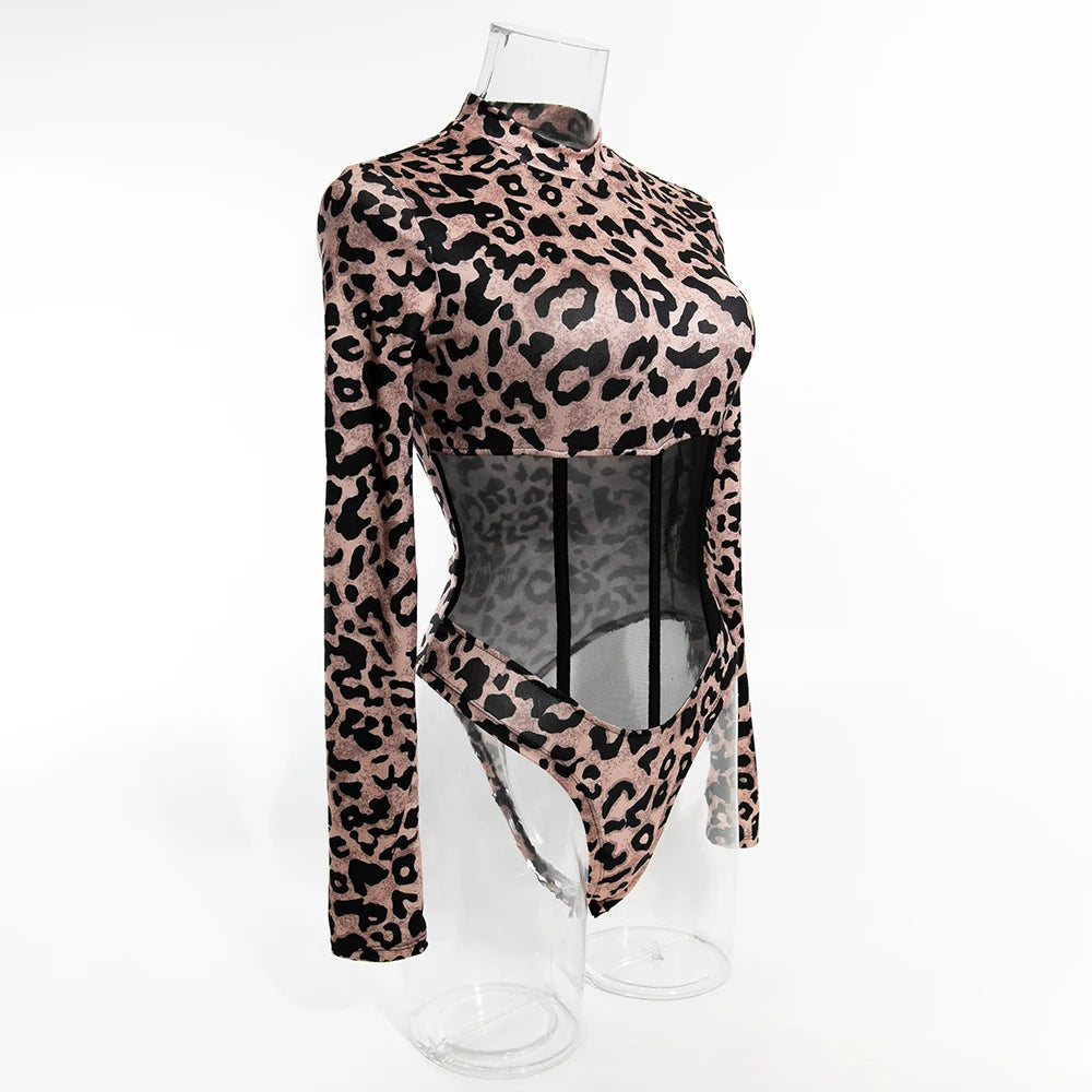 Women's Leopard Print Mesh Bodysuit Long Sleeve Stand Collar