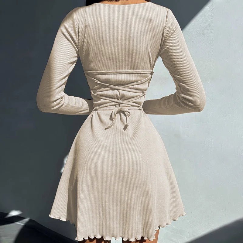 Claire Ribbed Long Sleeve Lace-Up Mini Dress