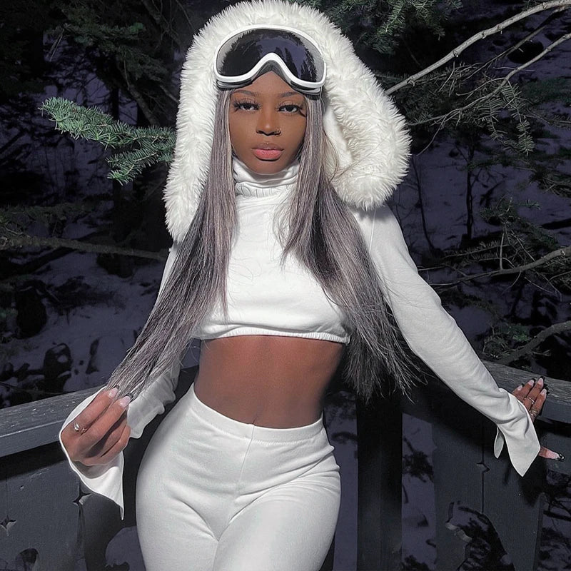 Furry Hooded Crop Top and Pants 2-Piece Winter Set
