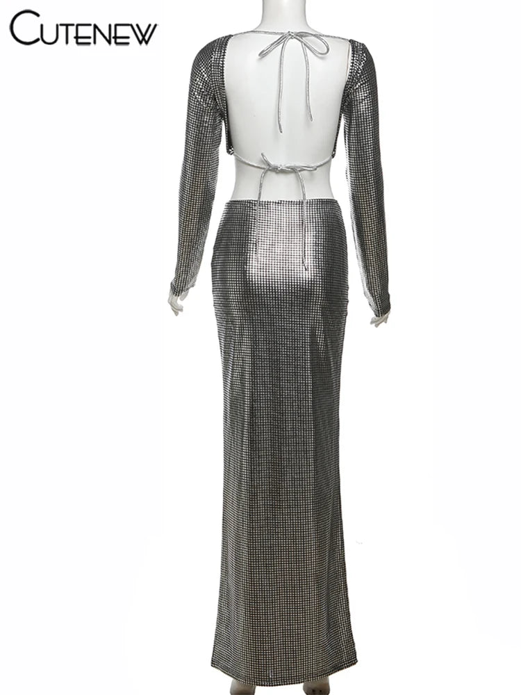 Shiny Sequin 2-Piece Set – Crop Top & Maxi Skirt Party Outfit