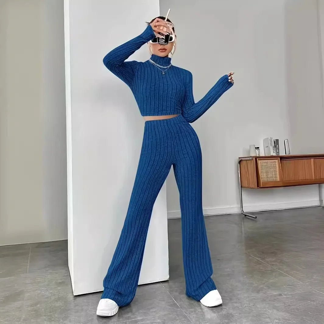 Turtleneck Pullover and High Waist Knit Pants 2-Piece Set
