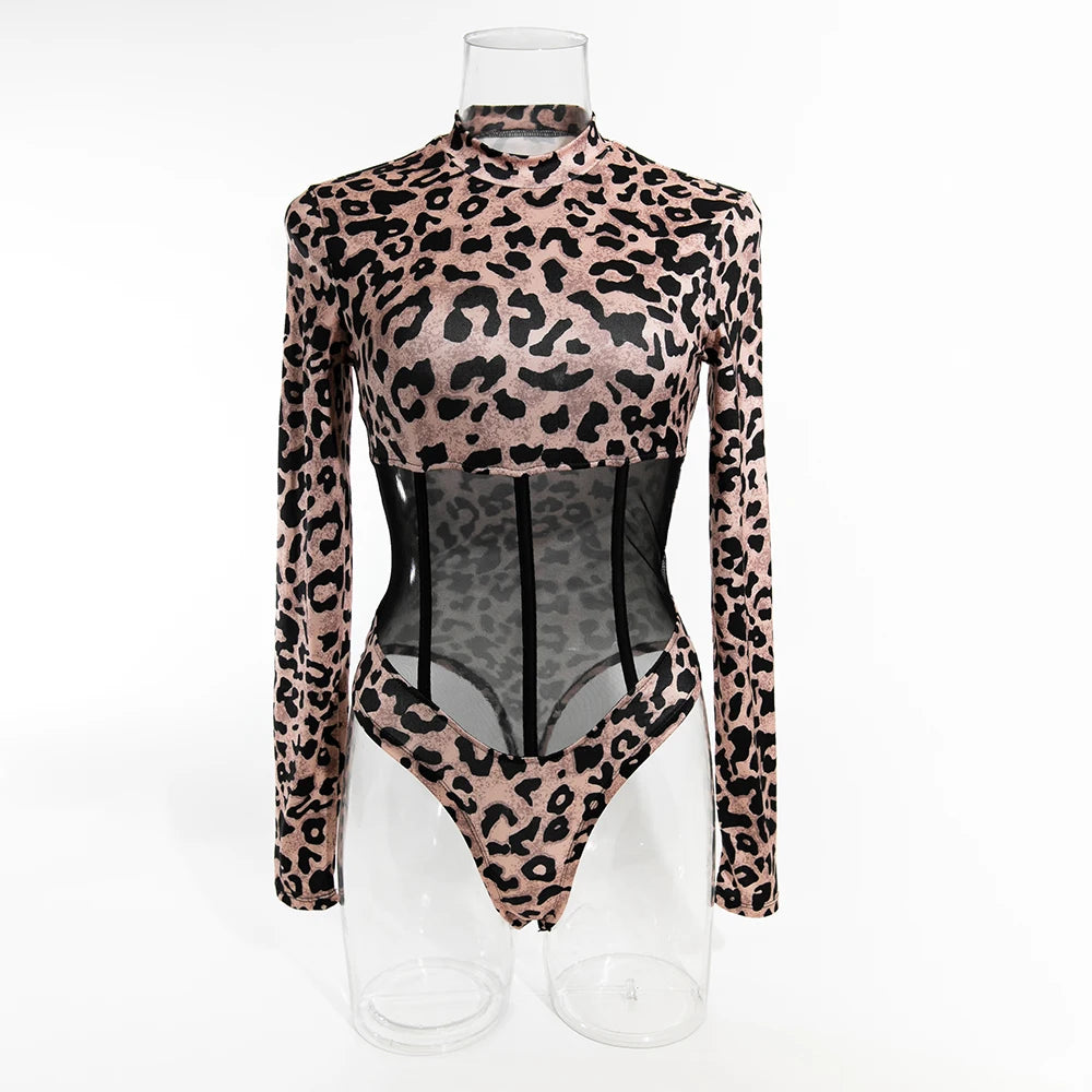 Women's Leopard Print Mesh Bodysuit Long Sleeve Stand Collar