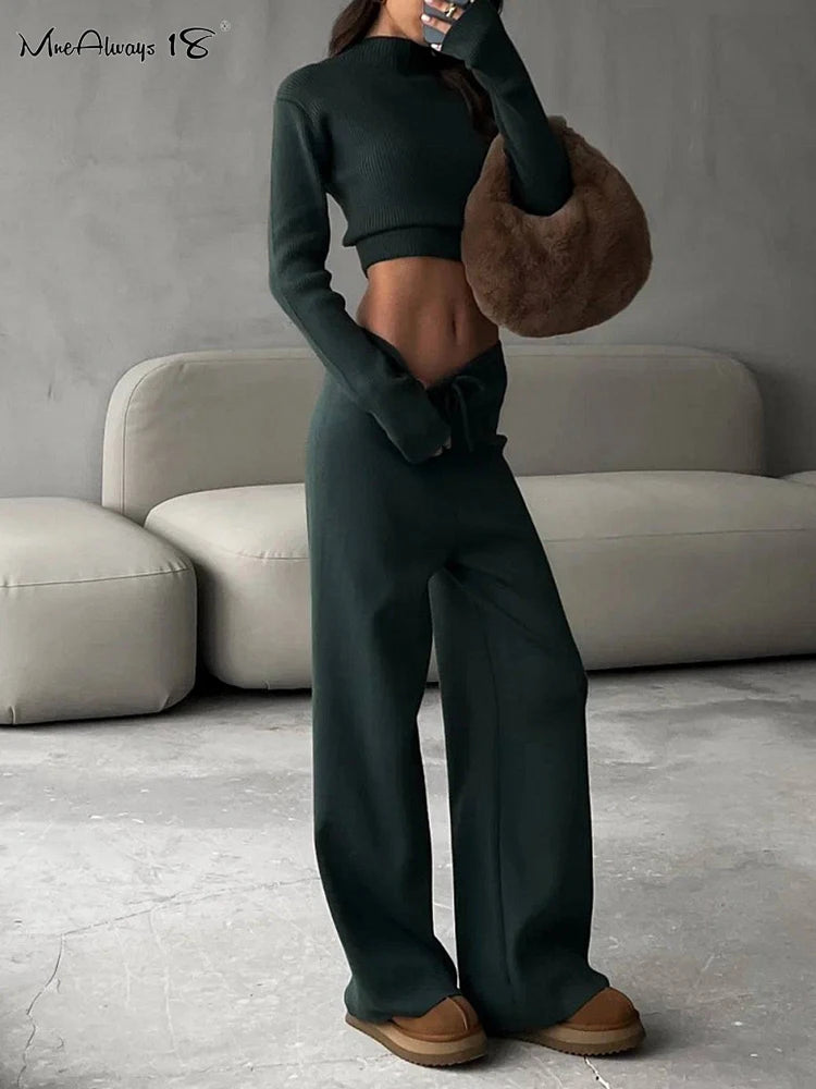 Ribbed Knitted Sweater and Slim Pants 2-Piece Winter Outfit