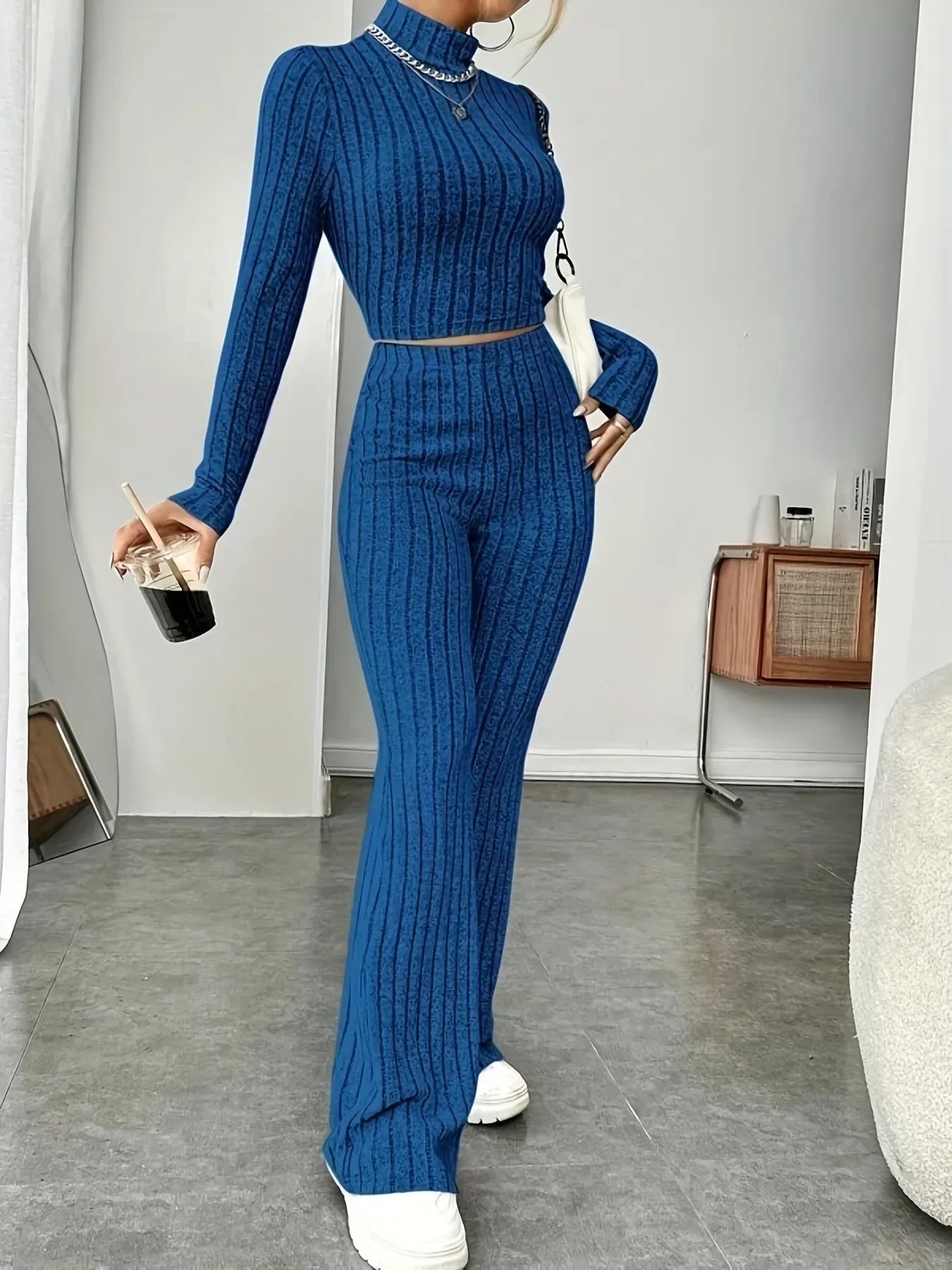 Turtleneck Pullover and High Waist Knit Pants 2-Piece Set
