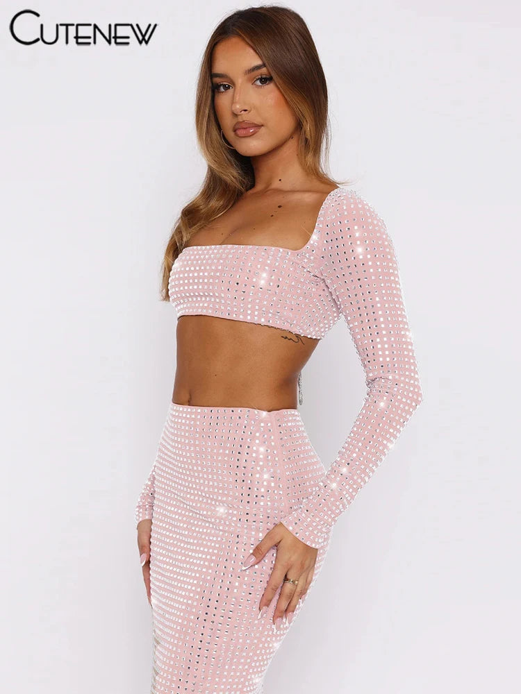 Shiny Sequin 2-Piece Set – Crop Top & Maxi Skirt Party Outfit