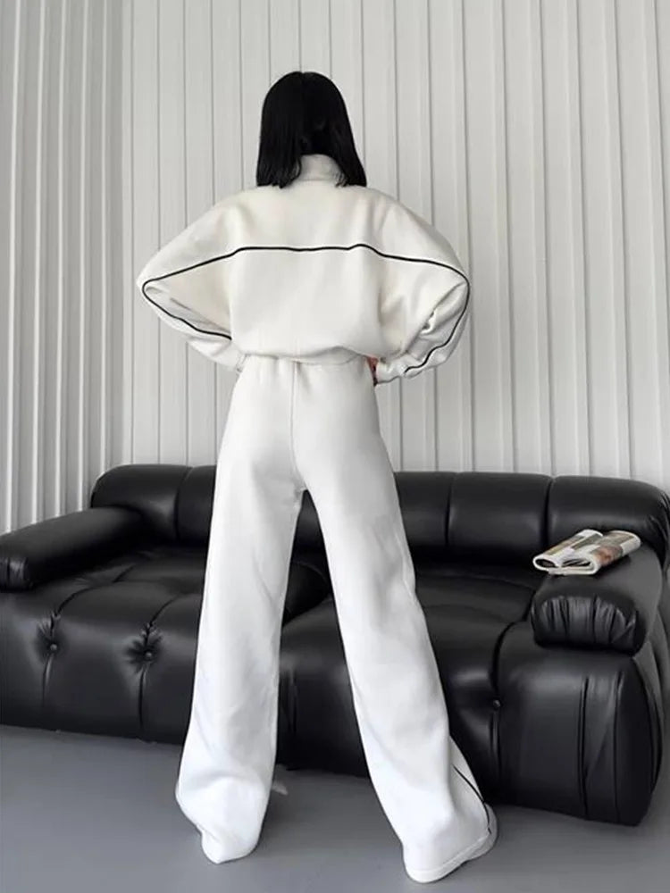 Zipper Cardigan Sweater and Lace-Up Striped Pants Two-Piece Set