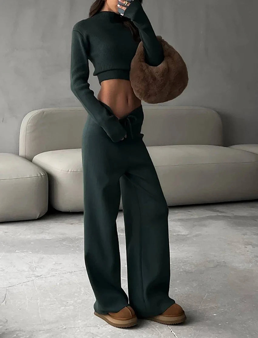 Ribbed Knitted Sweater and Slim Pants 2-Piece Winter Outfit