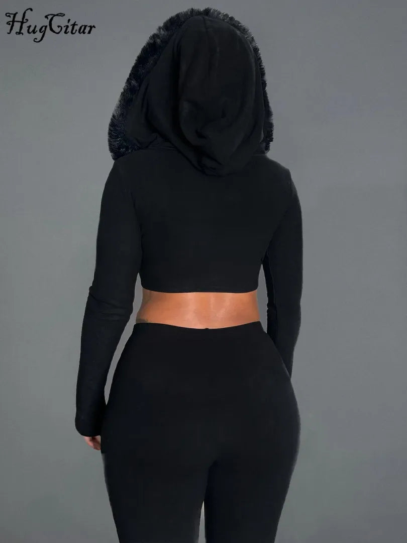 Furry Hooded Crop Top and Pants 2-Piece Winter Set