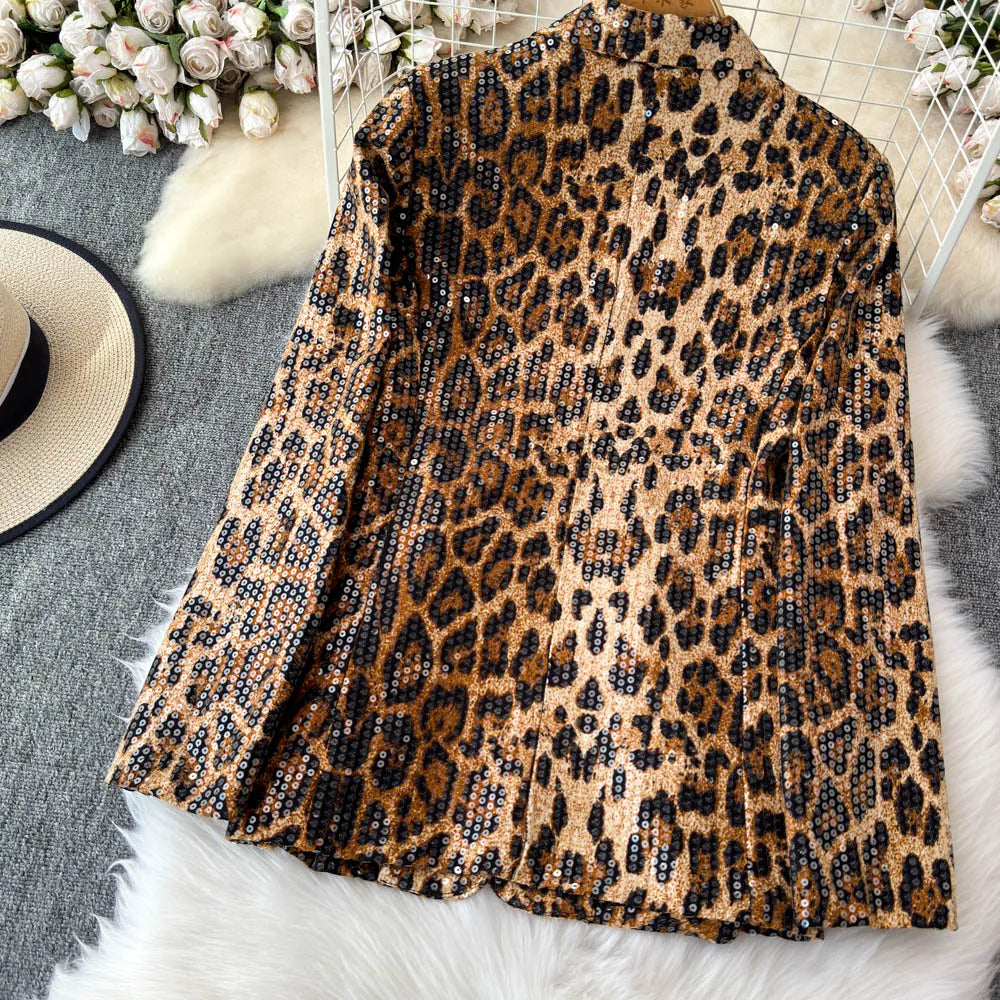 Street Style Leopard Print Blazer Women's Loose Sequined Coat - Nxt Moda