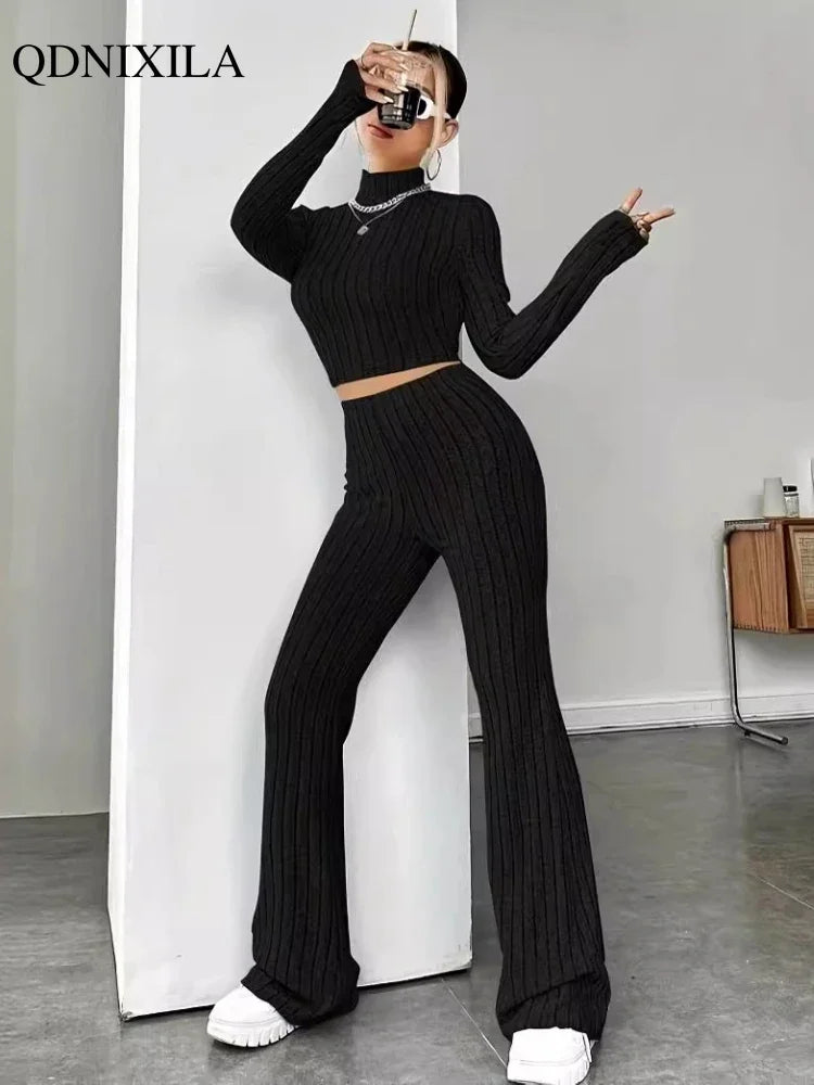Turtleneck Pullover and High Waist Knit Pants 2-Piece Set