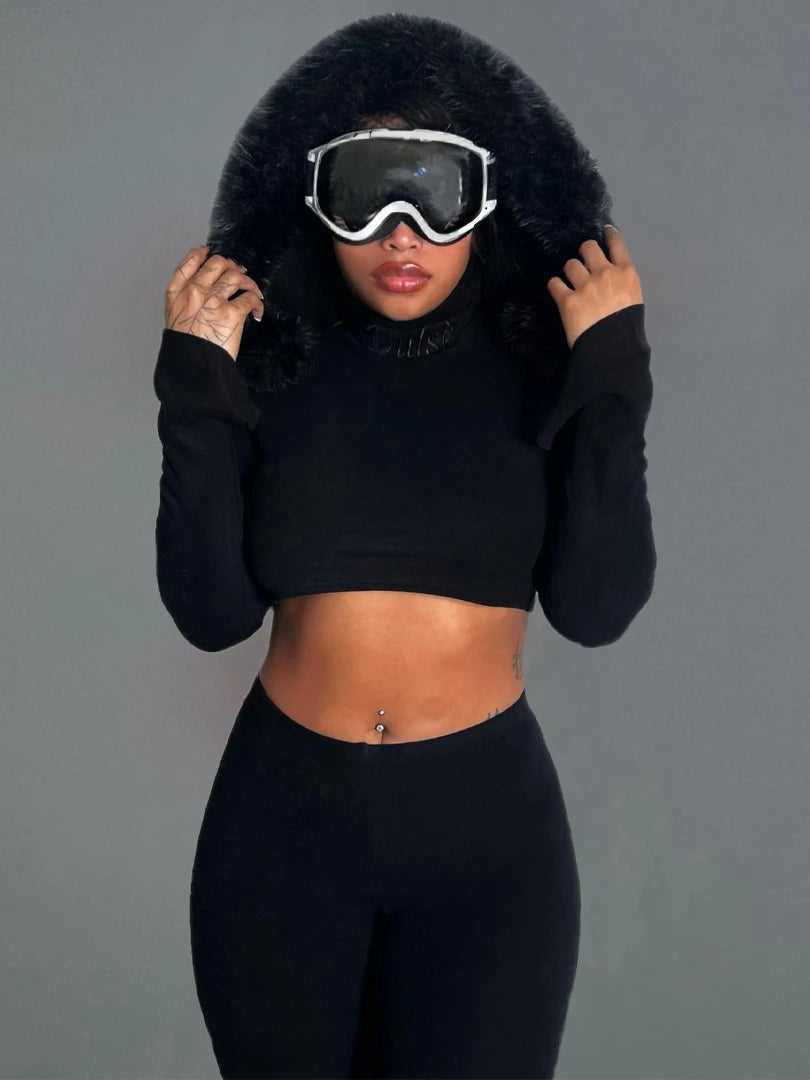 Furry Hooded Crop Top and Pants 2-Piece Winter Set