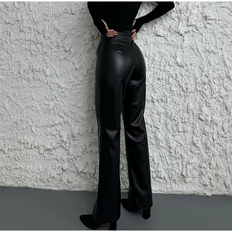 Vintage PU Leather High-Waist Pants – Loose Zipper Straight Trousers