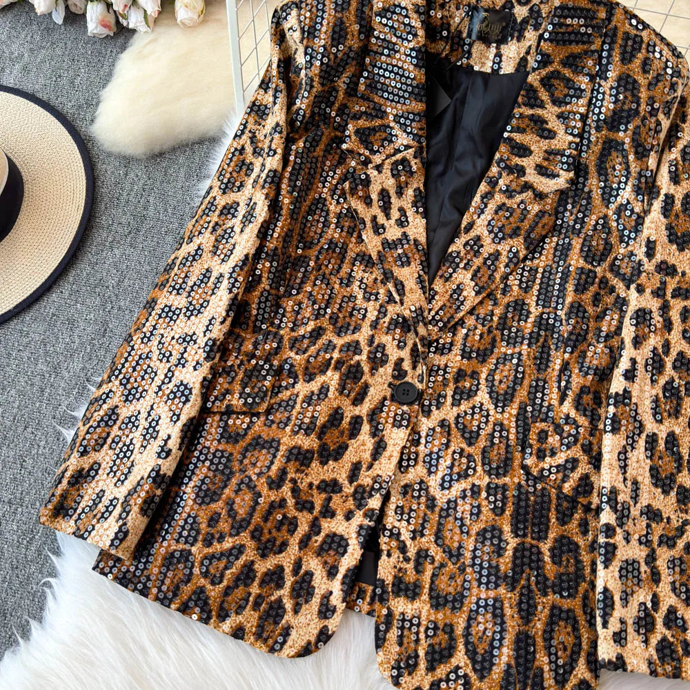 Street Style Leopard Print Blazer Women's Loose Sequined Coat - Nxt Moda