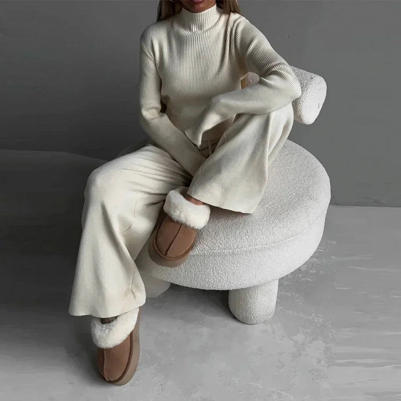O-Neck Sweater and Wide Leg Pants Knit Set Casual 2-Piece Outfit