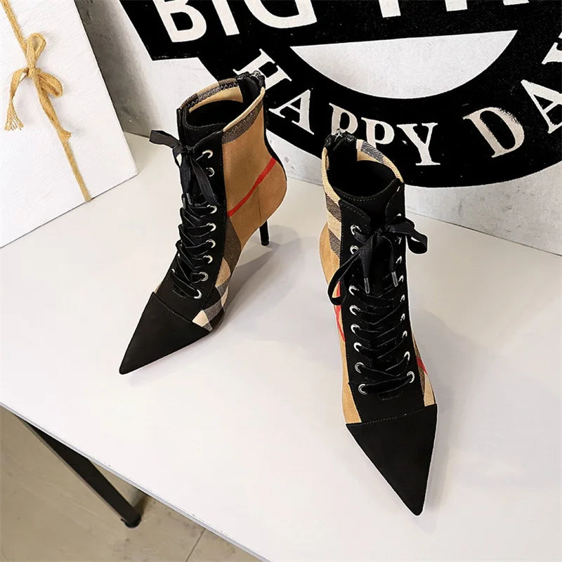 Winter Ankle Boots Slim High Heel Pointed Toe Plaid Lace-up Cross Strapping Boots