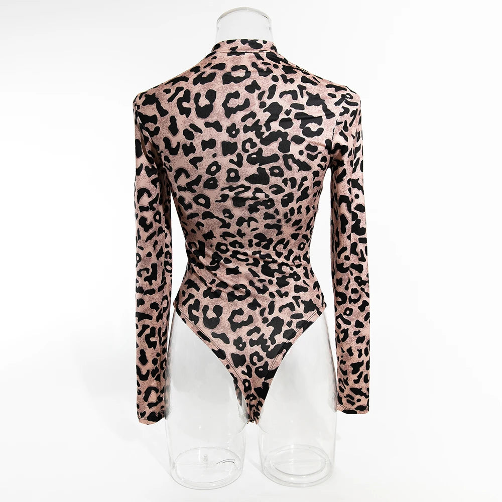 Women's Leopard Print Mesh Bodysuit Long Sleeve Stand Collar