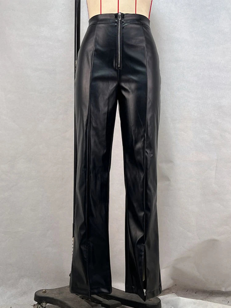 Vintage PU Leather High-Waist Pants – Loose Zipper Straight Trousers