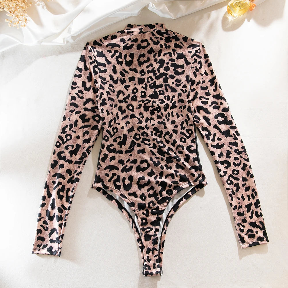 Women's Leopard Print Mesh Bodysuit Long Sleeve Stand Collar