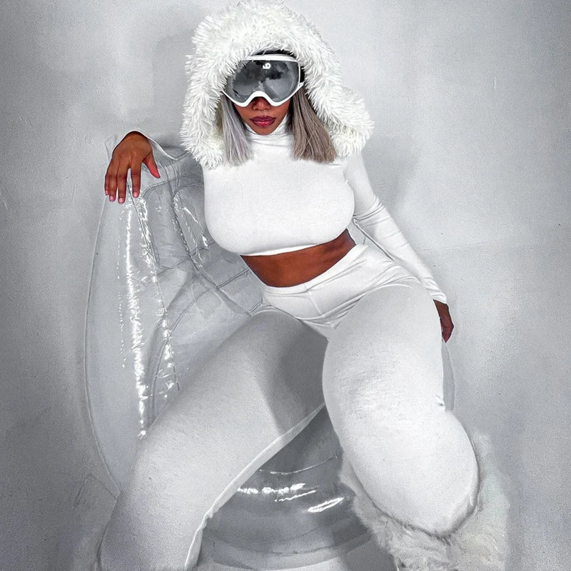 Furry Hooded Crop Top and Pants 2-Piece Winter Set