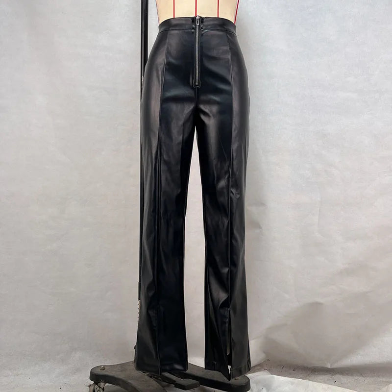 Vintage PU Leather High-Waist Pants – Loose Zipper Straight Trousers