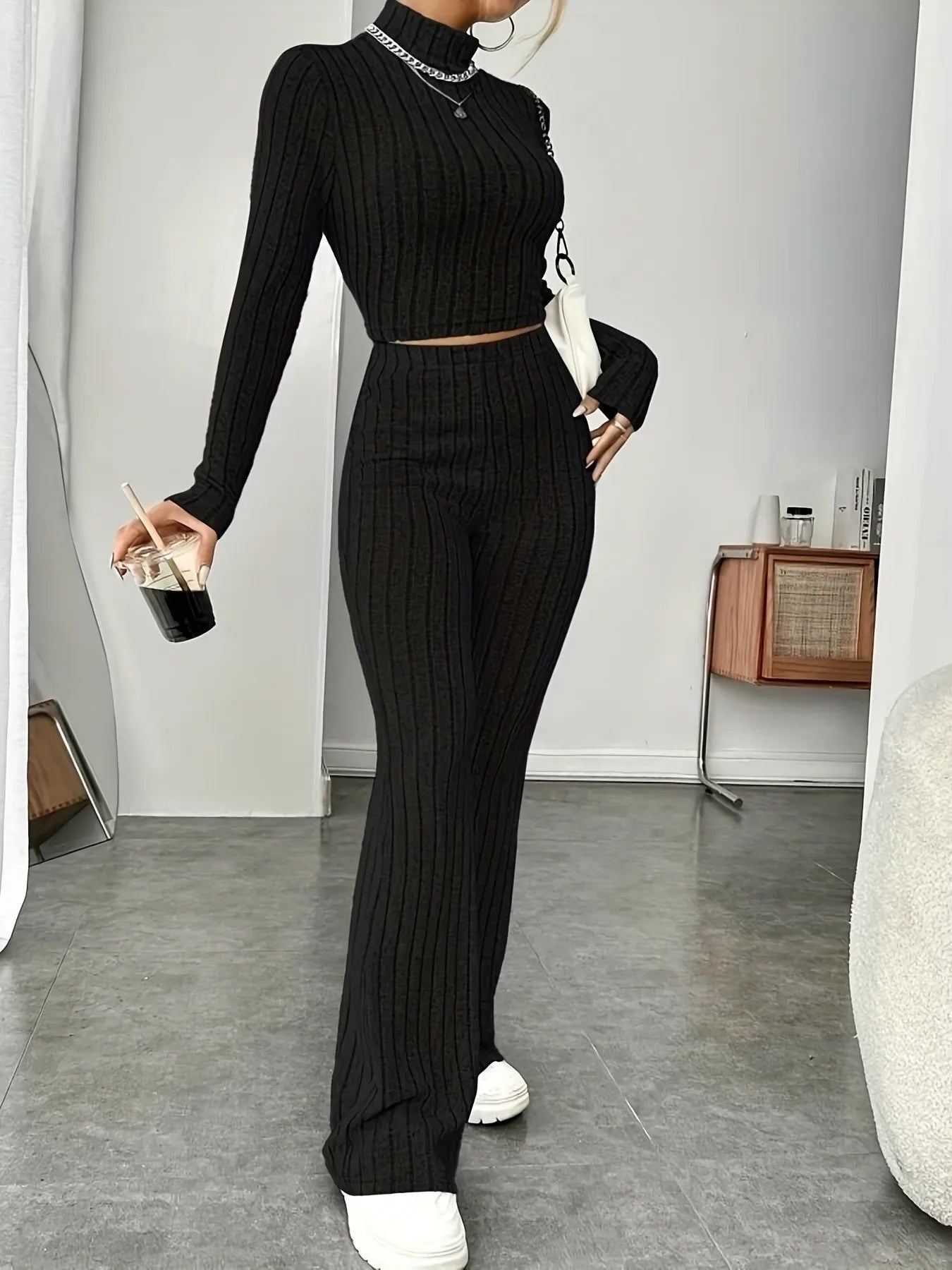 Turtleneck Pullover and High Waist Knit Pants 2-Piece Set