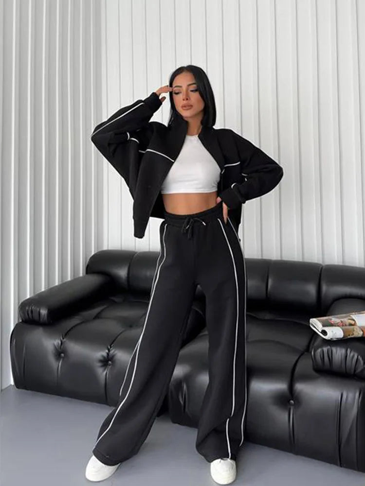 Zipper Cardigan Sweater and Lace-Up Striped Pants Two-Piece Set
