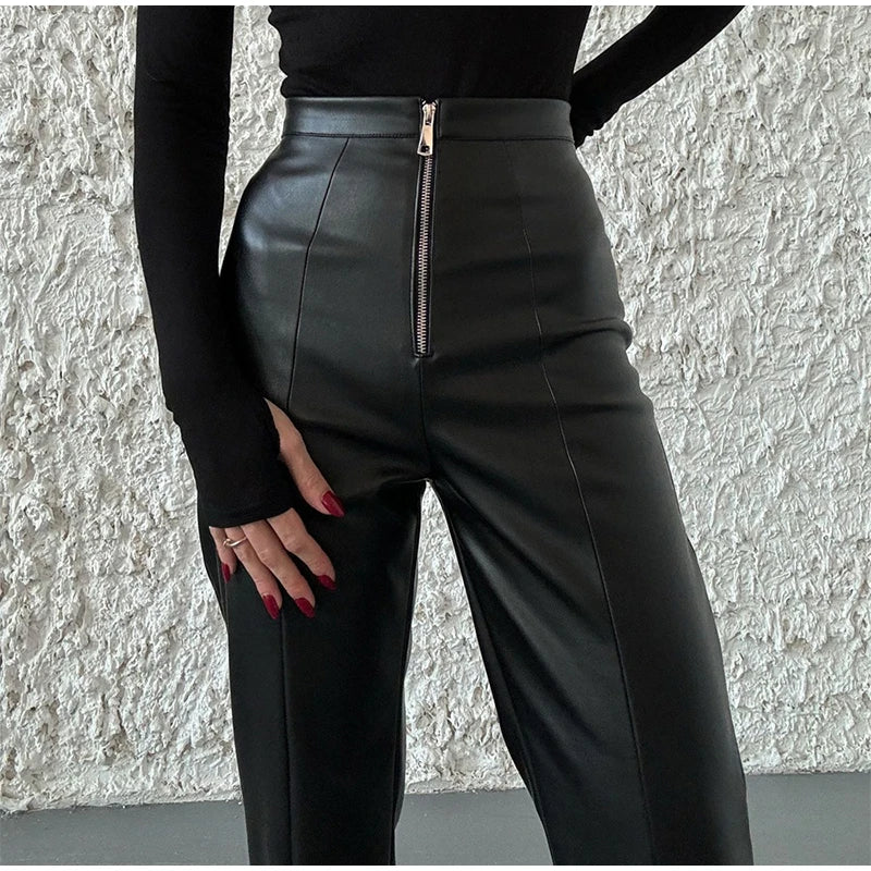 Vintage PU Leather High-Waist Pants – Loose Zipper Straight Trousers