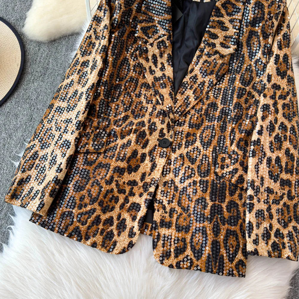 Street Style Leopard Print Blazer Women's Loose Sequined Coat - Nxt Moda