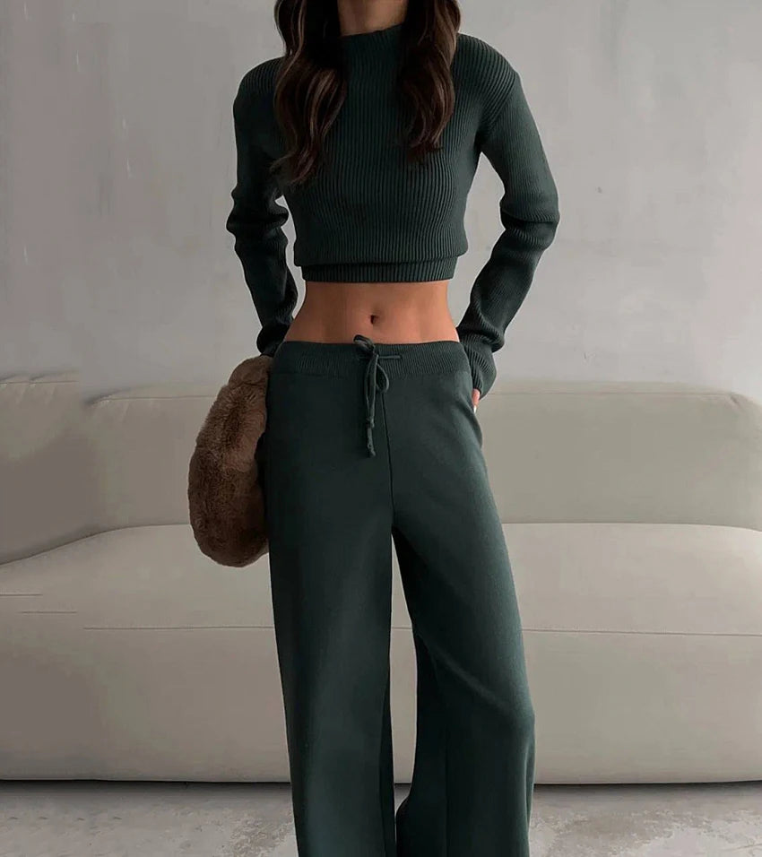 Ribbed Knitted Sweater and Slim Pants 2-Piece Winter Outfit