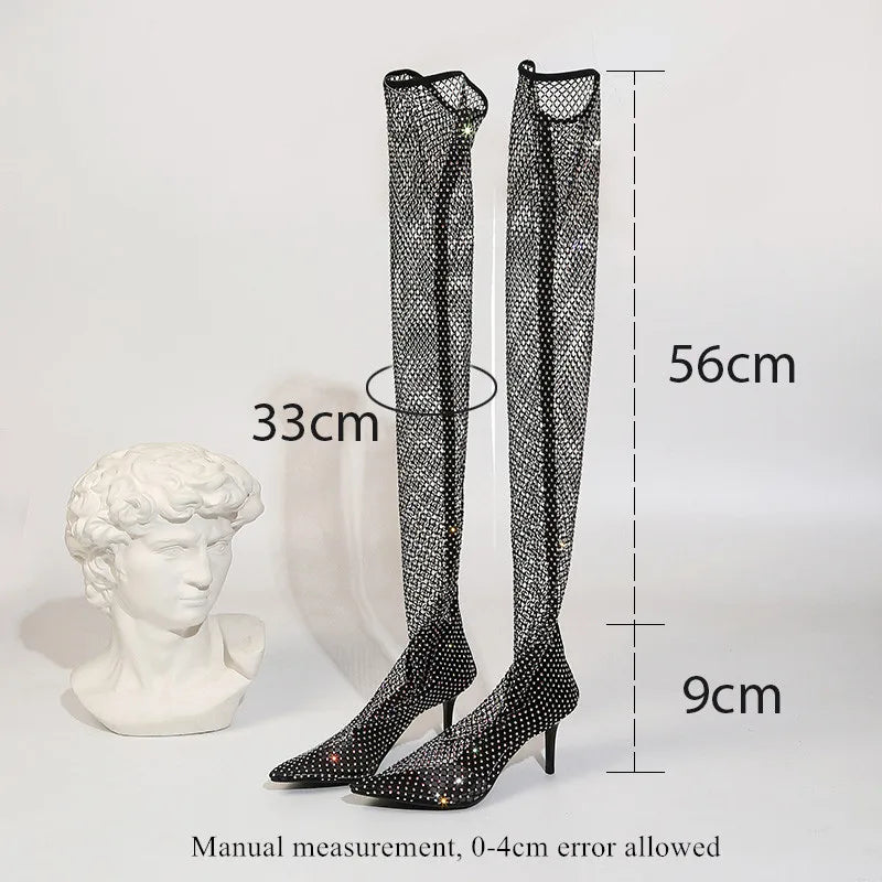 Sexy Pumps Stiletto High Heel Over Knee Mesh Sock Boots Pointed Toe Fishnet Heels Plus Size