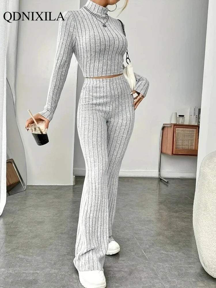 Turtleneck Pullover and High Waist Knit Pants 2-Piece Set