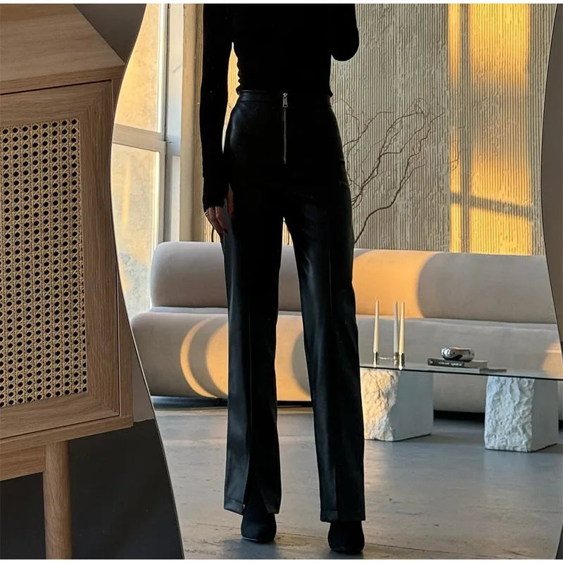 Vintage PU Leather High-Waist Pants – Loose Zipper Straight Trousers